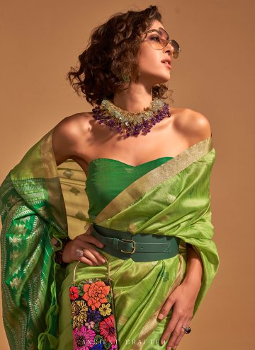 Handloom Silk Classic Designer Saree in Green Enhanced with Woven