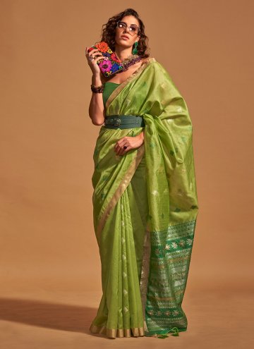 Handloom Silk Classic Designer Saree in Green Enhanced with Woven