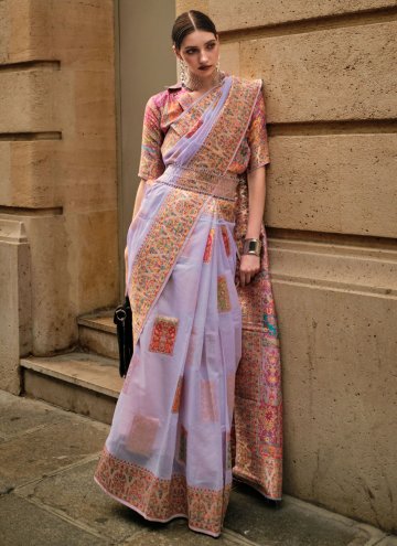 Handloom Silk Classic Designer Saree in Lavender Enhanced with Woven
