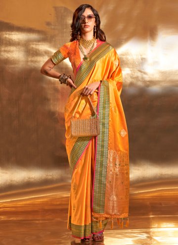 Handloom Silk Classic Designer Saree in Mustard Enhanced with Woven
