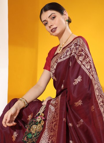 Handloom Silk Classic Designer Saree in Wine Enhanced with Woven