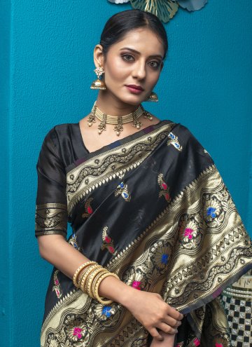 Handloom Silk Contemporary Saree in Black Enhanced with Woven