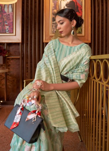 Handloom Silk Contemporary Saree in Green Enhanced with Woven