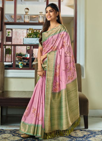 Handloom Silk Contemporary Saree in Lavender Enhanced with Floral Print