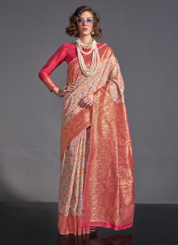 Handloom Silk Contemporary Saree in Pink and Red Enhanced with Woven