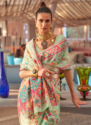 Handloom Silk Contemporary Saree in Sea Green Enhanced with Woven