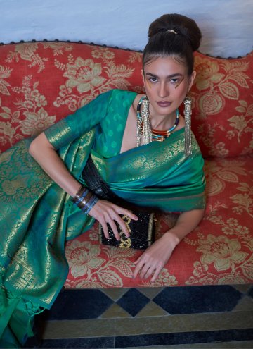 Handloom Silk Contemporary Saree in Sea Green Enhanced with Woven