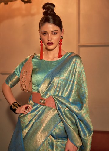Handloom Silk Contemporary Saree in Turquoise Enhanced with Woven