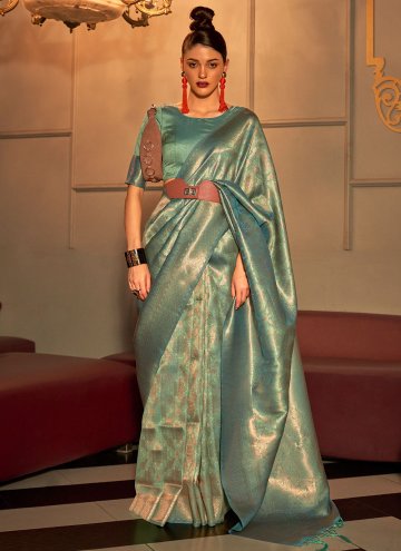 Handloom Silk Contemporary Saree in Turquoise Enhanced with Woven