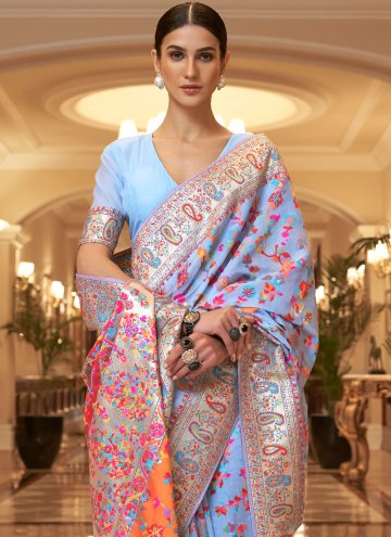 Handloom Silk Designer Saree in Aqua Blue Enhanced with Woven