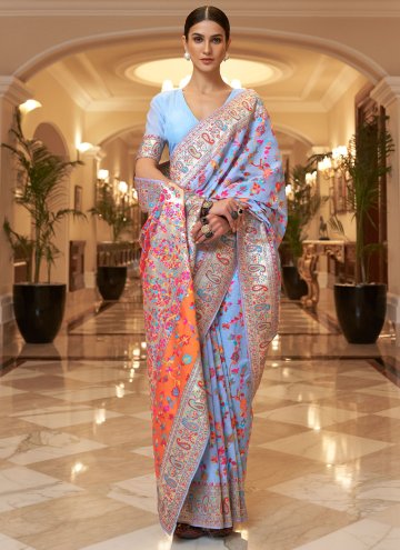 Handloom Silk Designer Saree in Aqua Blue Enhanced