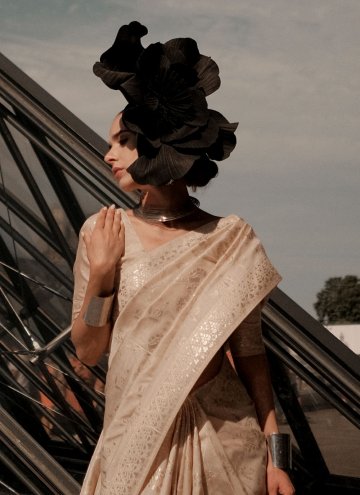 Handloom Silk Designer Saree in Beige Enhanced wit