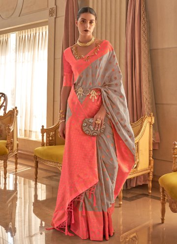 Handloom Silk Designer Saree in Grey Enhanced with Woven