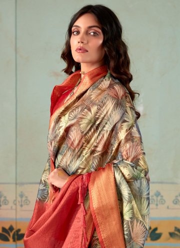 Handloom Silk Designer Saree in Multi Colour Enhanced with Floral Print