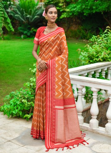 Handloom Silk Designer Saree in Orange Enhanced with Woven