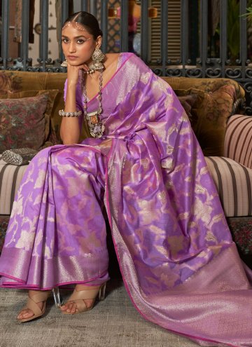 Handloom Silk Designer Saree in Purple Enhanced with Woven