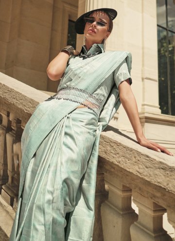 Handloom Silk Designer Saree in Sea Green Enhanced with Woven