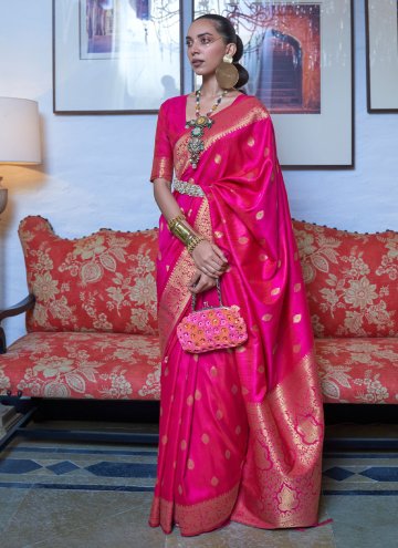 Handloom Silk Trendy Saree in Hot Pink Enhanced with Woven