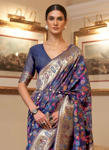 Handloom Silk Trendy Saree in Navy Blue Enhanced with Woven