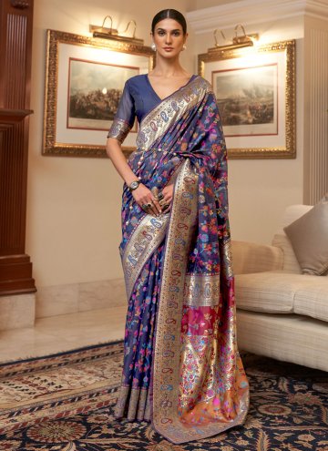 Handloom Silk Trendy Saree in Navy Blue Enhanced w