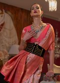 Handloom Silk Trendy Saree in Peach Enhanced with Woven - 1