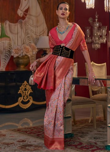 Handloom Silk Trendy Saree in Peach Enhanced with Woven