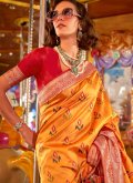 Handloom Silk Trendy Saree in Yellow Enhanced with Woven - 1