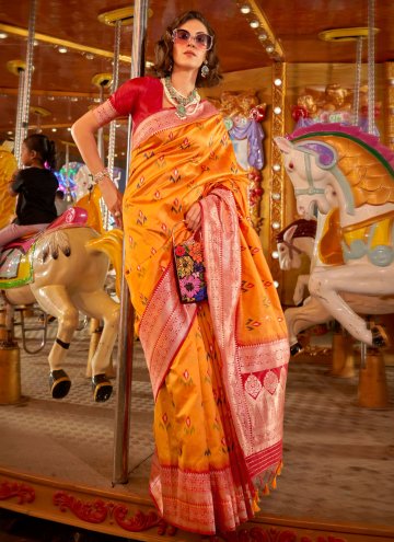 Handloom Silk Trendy Saree in Yellow Enhanced with Woven