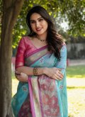 Hot Pink and Turquoise color Woven Organza Classic Designer Saree - 1