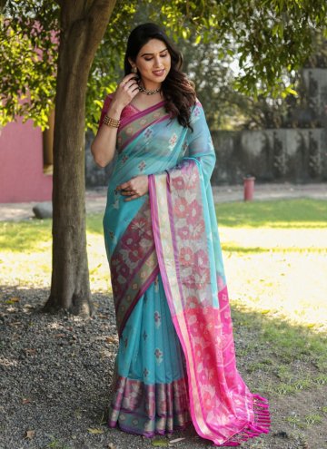 Hot Pink and Turquoise color Woven Organza Classic Designer Saree