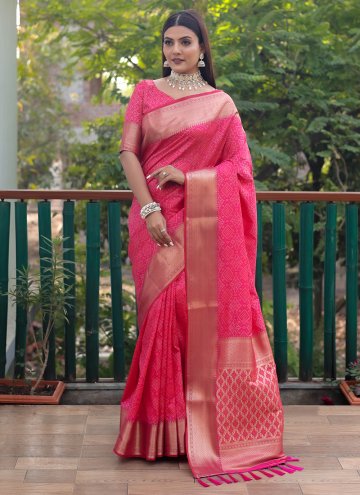 Hot Pink Classic Designer Saree in Patola Silk wit