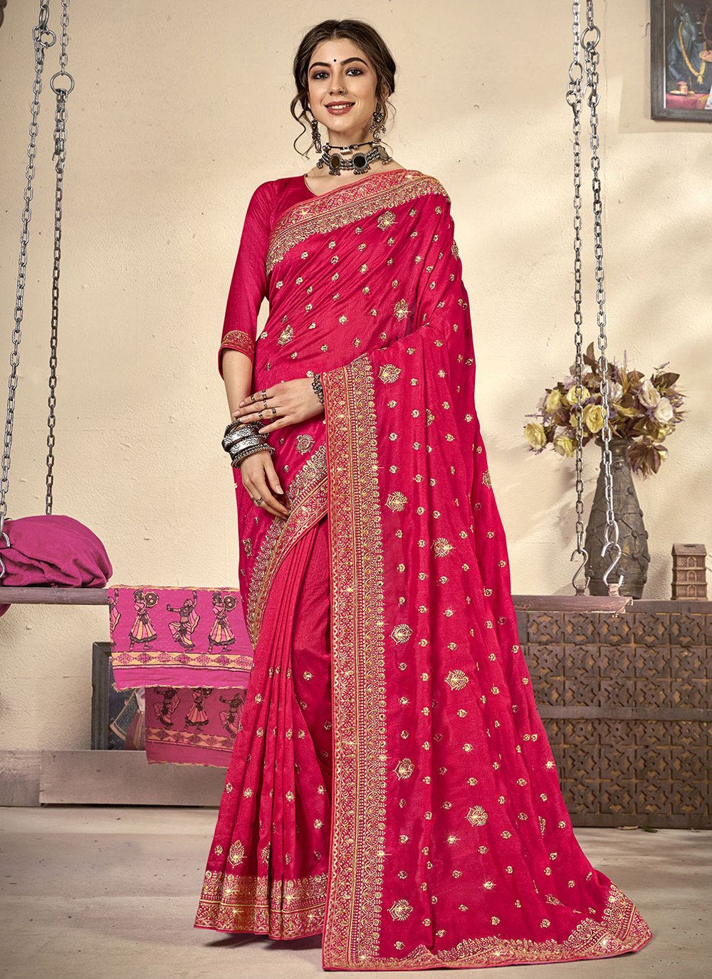 Hot Pink Classic Designer Saree in Vichitra Silk with Diamond Work