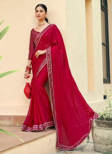 Hot Pink color Chiffon Satin Trendy Saree with Embroidered