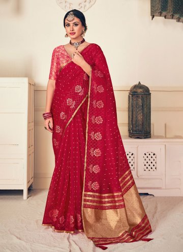 Hot Pink color Embroidered Silk Contemporary Saree