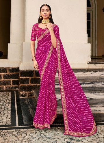 Hot Pink color Georgette Contemporary Saree with Bandhej Print