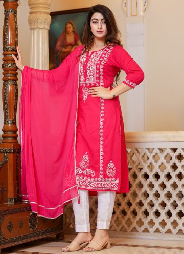 Hot Pink Cotton  Lucknowi Work Straight Salwar Kameez for Casual