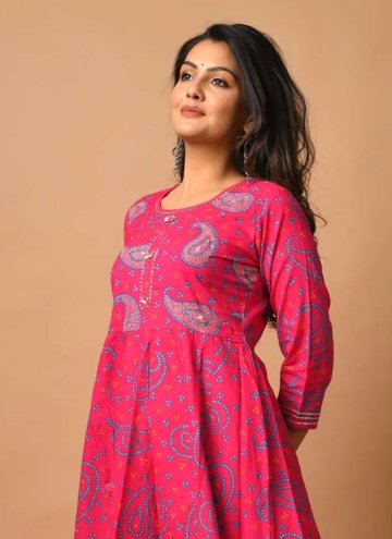 Hot Pink Cotton  Printed Gown