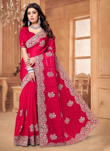 Hot Pink Crepe Silk Cord Classic Designer Saree for Party