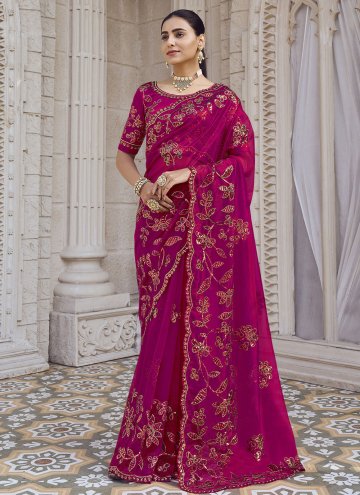 Hot Pink Designer Saree in Net with Embroidered