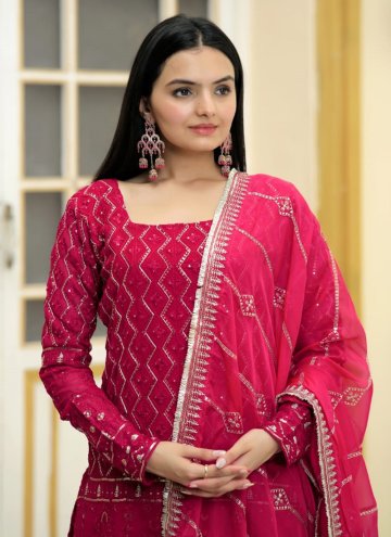 Hot Pink Faux Georgette Embroidered Designer Salwar Kameez for Ceremonial