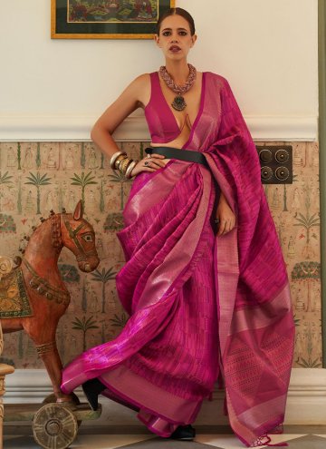 Hot Pink Handloom Silk Woven Traditional Saree for