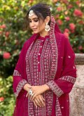 Hot Pink Pant Style Suit in Silk with Embroidered - 1