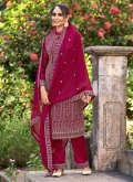 Hot Pink Pant Style Suit in Silk with Embroidered - 2