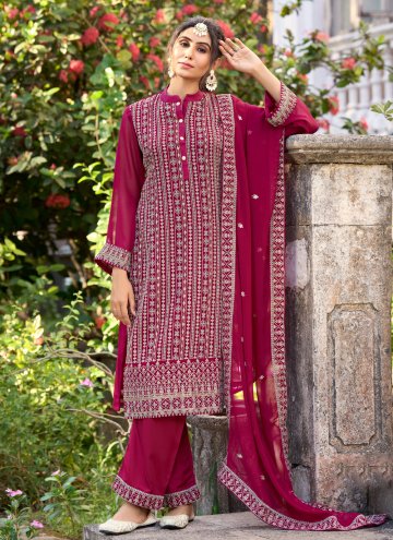 Hot Pink Pant Style Suit in Silk with Embroidered