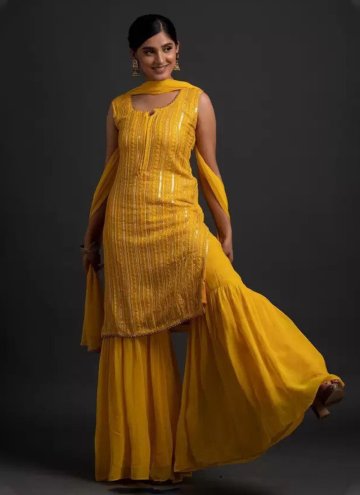 Yellow Georgette Sequins Work Designer Salwar Kameez for Casual