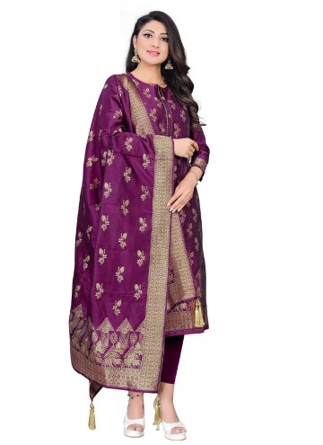 Jacquard Designer Straight Salwar Suit in Purple Enhanced with Woven