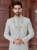 Jacquard Indo Western Sherwani in Turquoise Enhanced with Embroidered - 1