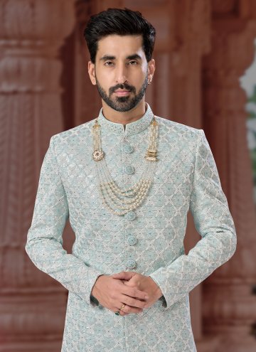 Jacquard Indo Western Sherwani in Turquoise Enhanced with Embroidered