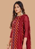 Jacquard Salwar Suit in Maroon Enhanced with Lace - 3
