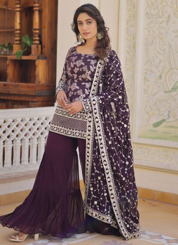 Jacquard Salwar Suit in Purple Enhanced with Embroidered